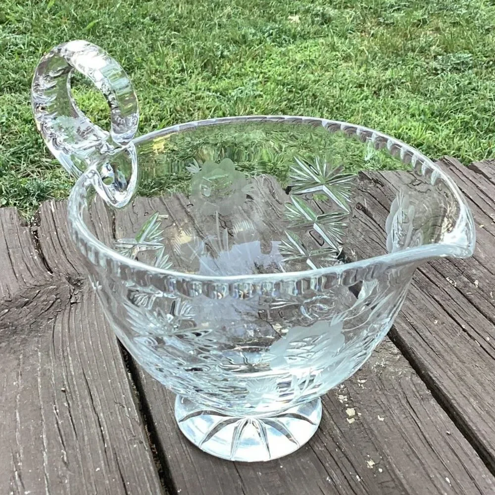 Vintage Crystal Glass Pitcher Creamer Etched‎ Floral Footed Handle HEAVY